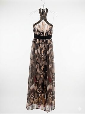 ​Little Mistress London Beaded Halter Maxi Dress Feather Print Chiffon Gown